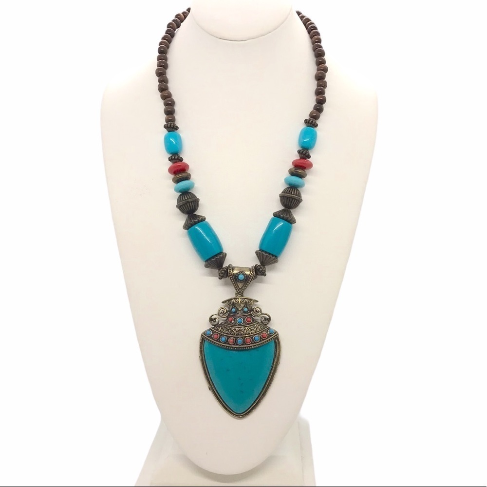 Summer Bohemian Statement Turquoise Wood Necklace